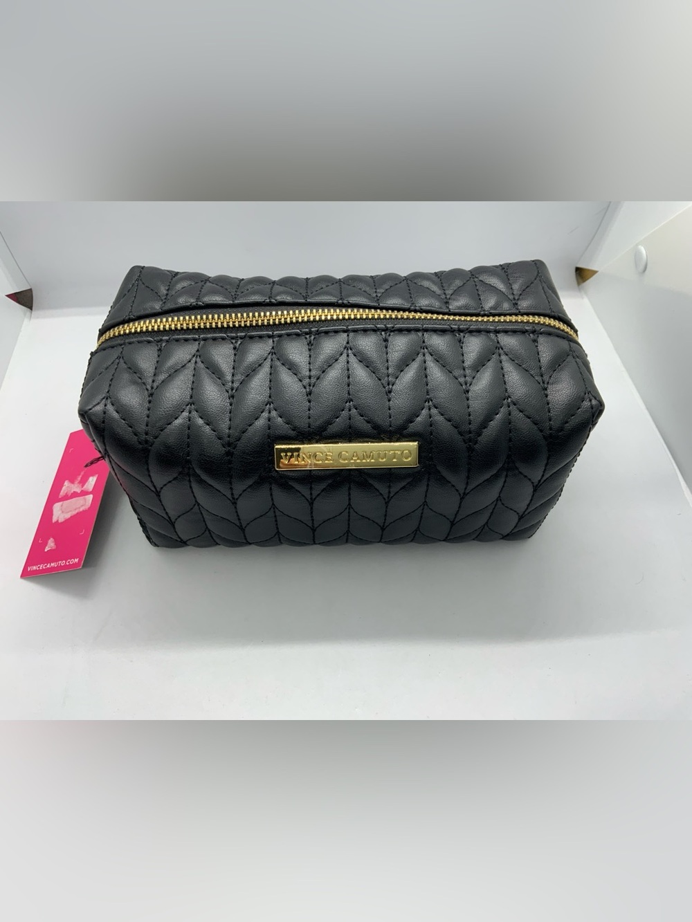 Vince Camuto Black Quilted Cosmetic Pouch with Gold Trim